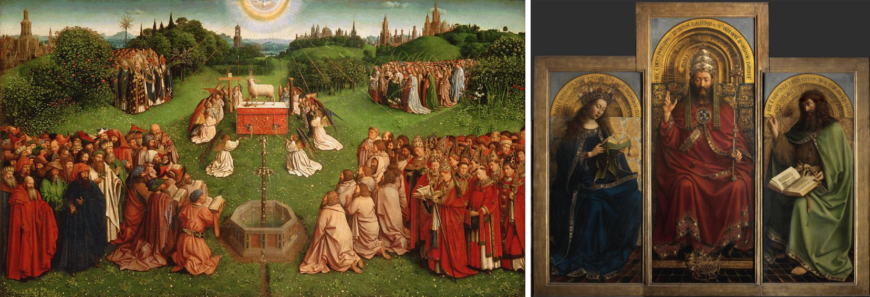 Left: Adoration of the Mystic Lamb, bottom center panel, Jan van Eyck, Ghent Altarpiece (open), completed 1432, oil on wood, 11 feet 5 inches x 15 feet 1 inch (open), Saint Bavo Cathedral, Ghent, Belgium (photo: Closer to Van Eyck); right: The Virgin Mary, God the Father/Christ,* and St. John the Baptist, top center panels, Jan van Eyck, Ghent Altarpiece, completed 1432, oil on wood, 11 feet 5 inches x 15 feet 1 inch (open), Saint Bavo Cathedral, Ghent, Belgium (photo: Closer to Van Eyck)